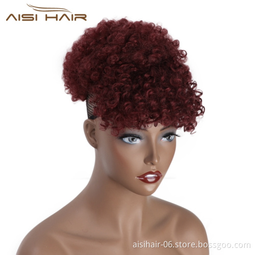 Aisi Hair Cheap Price Afro Puff Heat Resistant Fiber Chignon Bun Vendors Short Afro Curly Updo Hair Synthetic Bun With Fringe